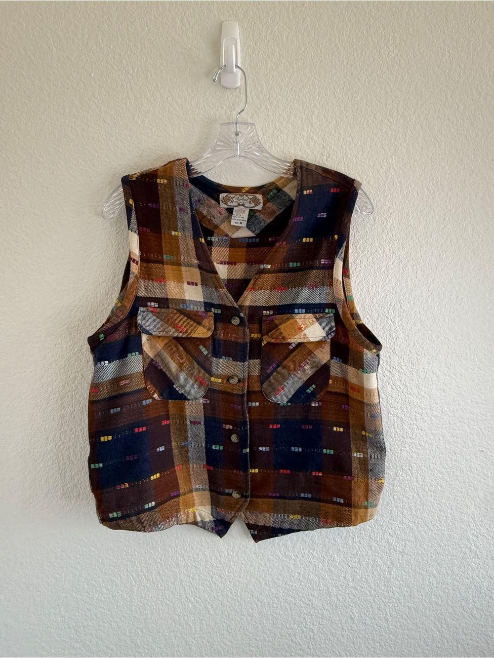 Vintage Angelique 100% Cotton Multicolor Plaid‎ Button Front Vest